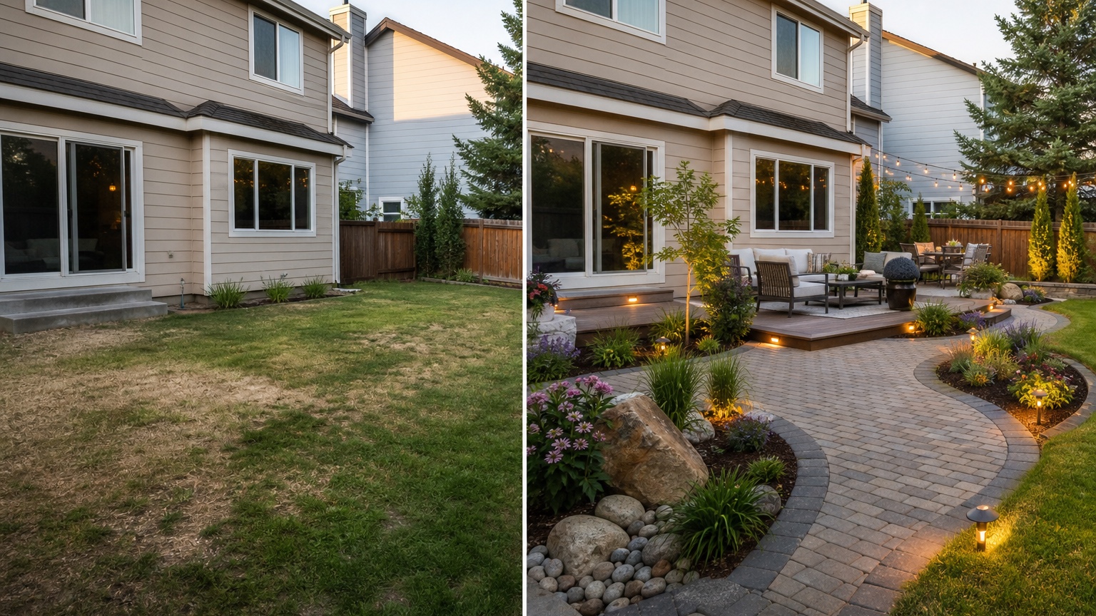 AI outdoor living design before and after showing the same patio and backyard reorganized with dining, lounge seating, shade, privacy, and lighting