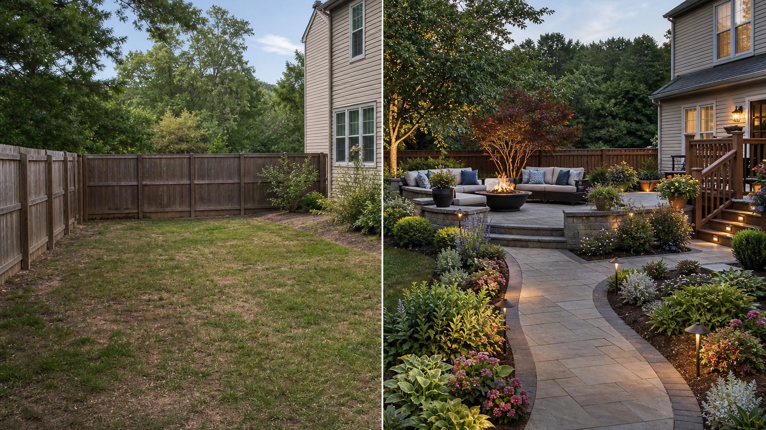 AI outdoor living design split concept showing patio furniture, pergola shade, privacy planting, lighting, and deck-to-yard flow before and after