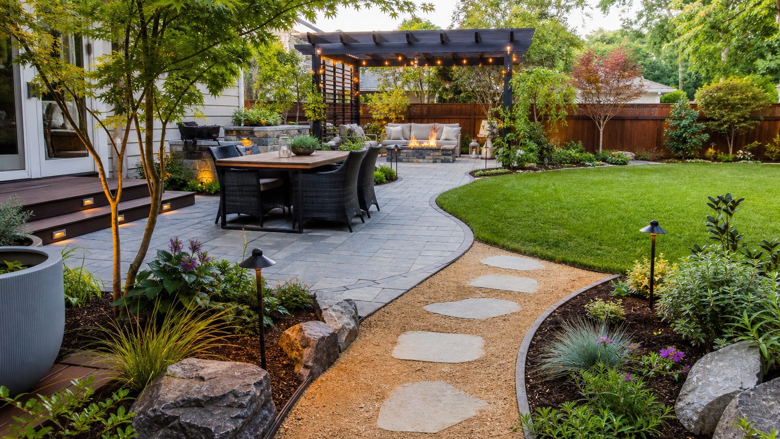 AI patio design generator showing a completed backyard patio with dining, lounge seating, planting, shade, and realistic hardscape