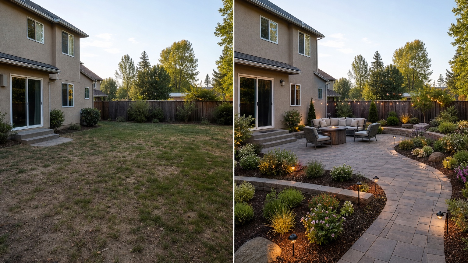 AI patio design generator before and after side by side comparing a plain yard with a practical patio layout and hardscape plan