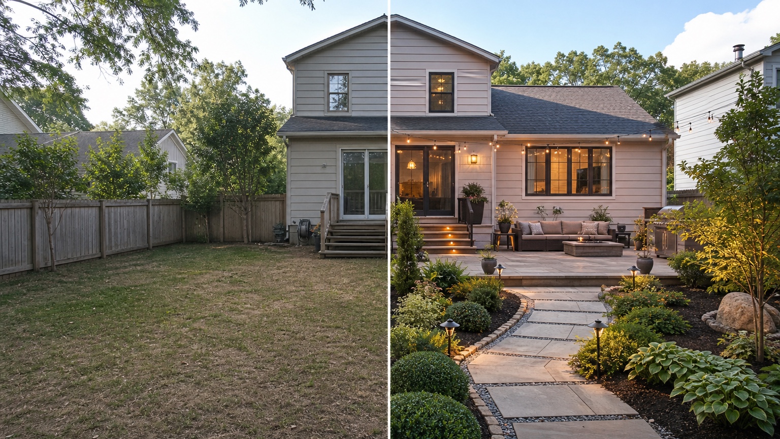 AI patio design generator split before and after showing the same yard transformed with patio materials, seating zones, and planting edges