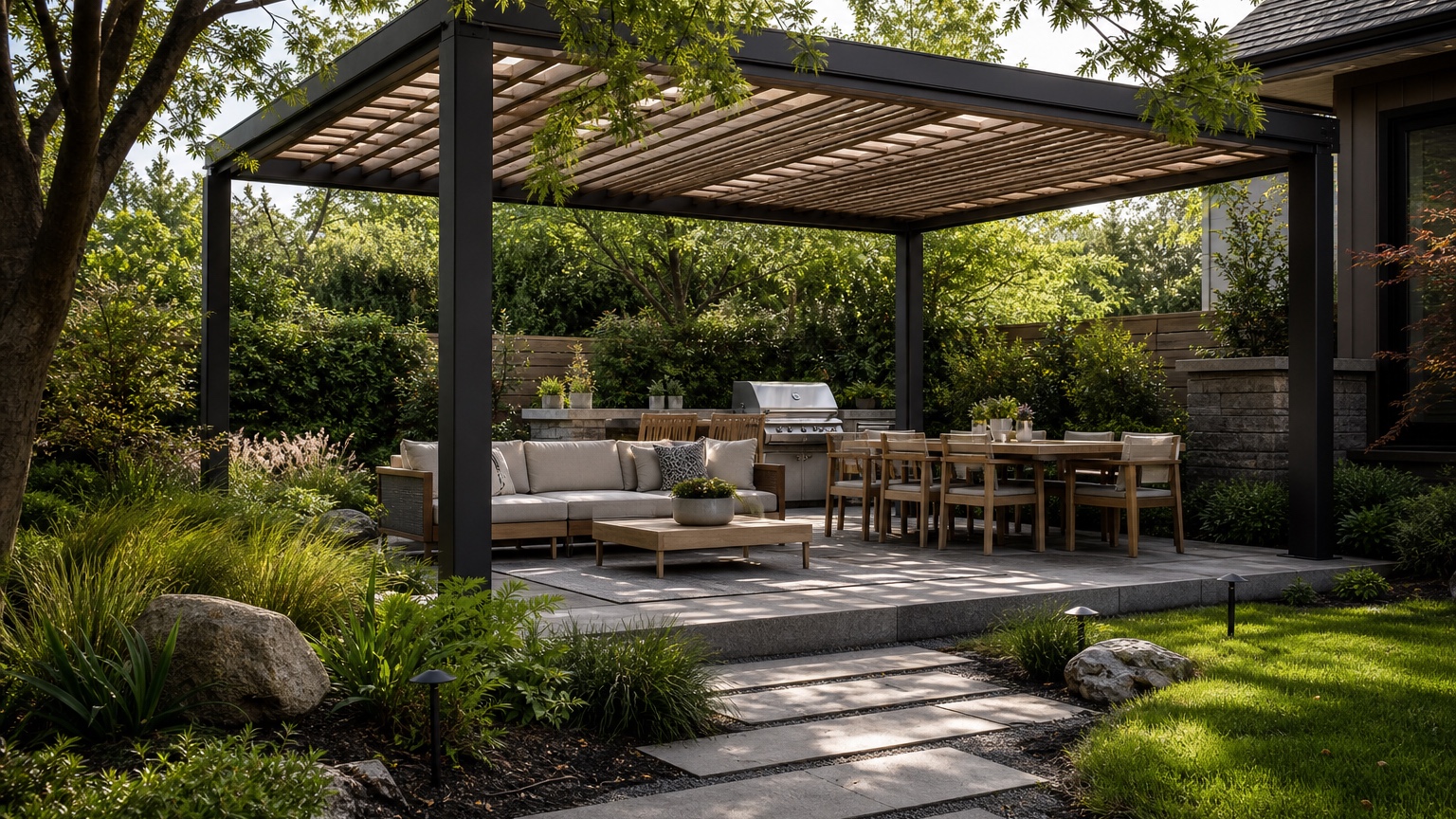 AI pergola design generator showing a finished backyard pergola with shade, dining, lounge seating, planting, and realistic outdoor layout