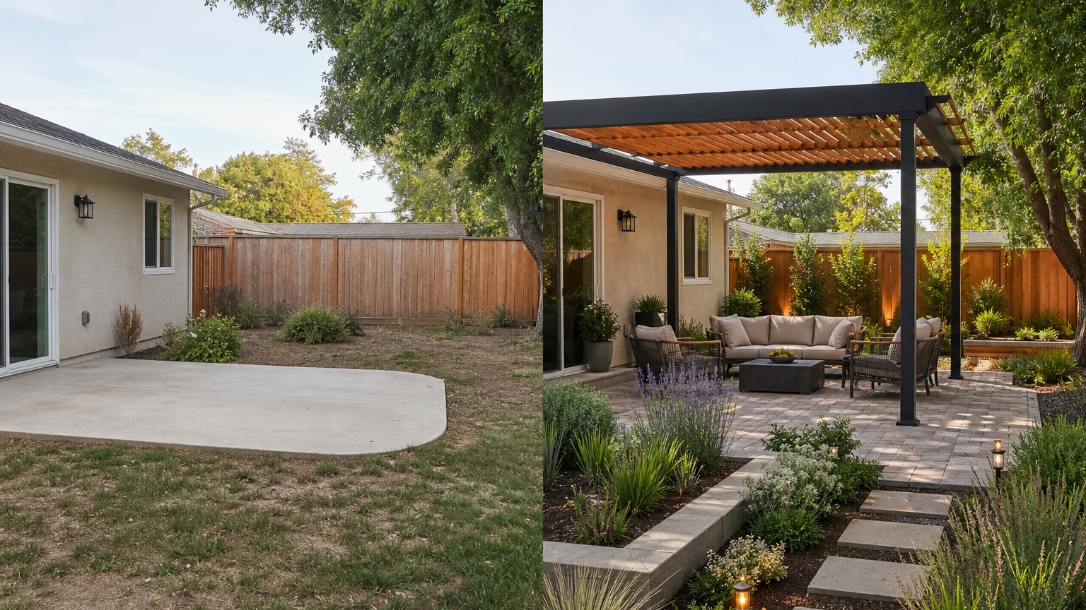 AI pergola design generator before and after side by side comparing an uncovered backyard patio with pergola placement, shade, and seating zones