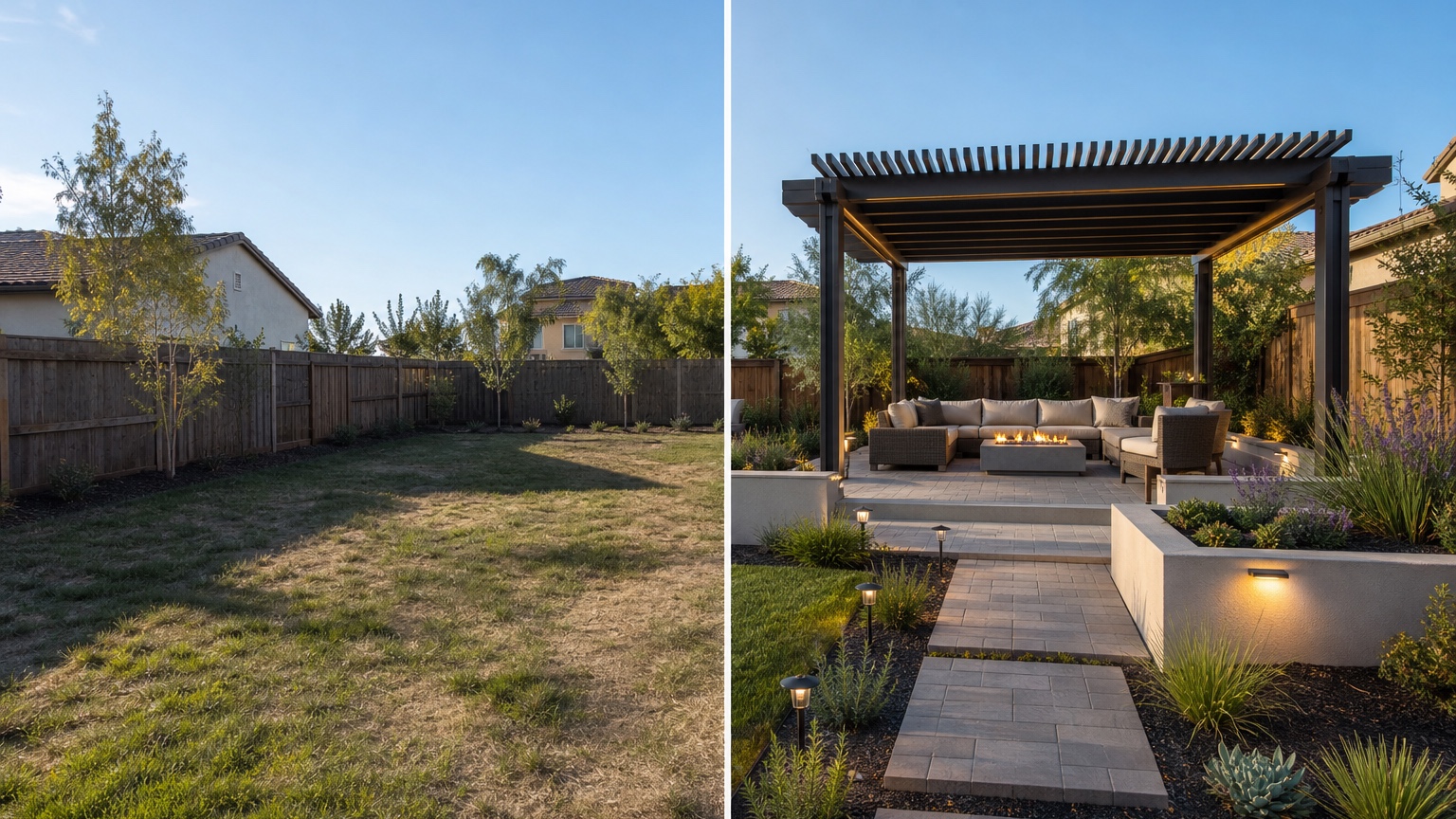 AI pergola design generator split before and after showing the same backyard transformed with pergola shade, posts, seating, and planting edges