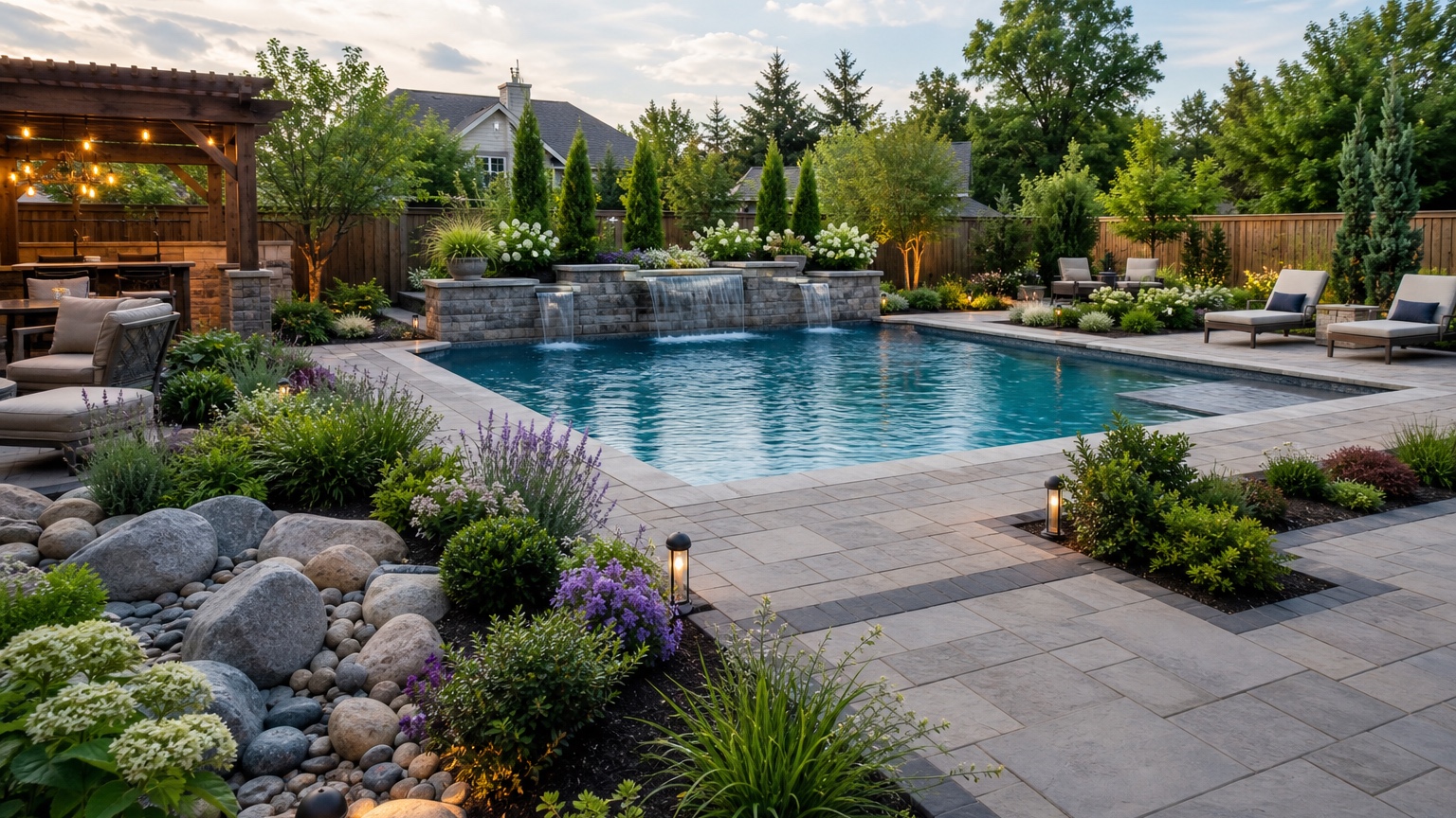 AI pool landscaping ideas showing a resort-style residential pool with layered planting, seating zones, privacy, and practical hardscape