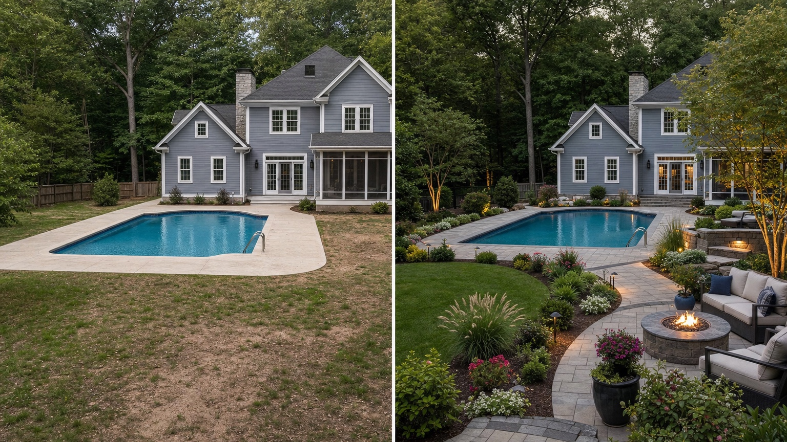 AI pool landscaping before and after showing the same backyard pool with improved planting, hardscape, seating, lighting, and privacy