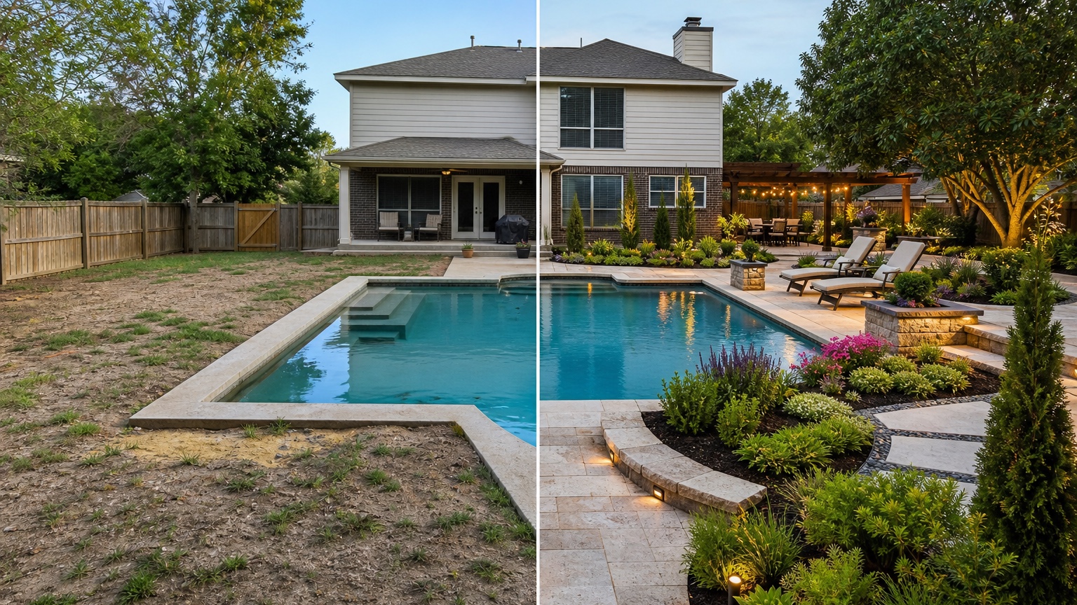 AI pool landscaping split concept showing one pool area before and after with clearer paths, seating, privacy planting, and hardscape