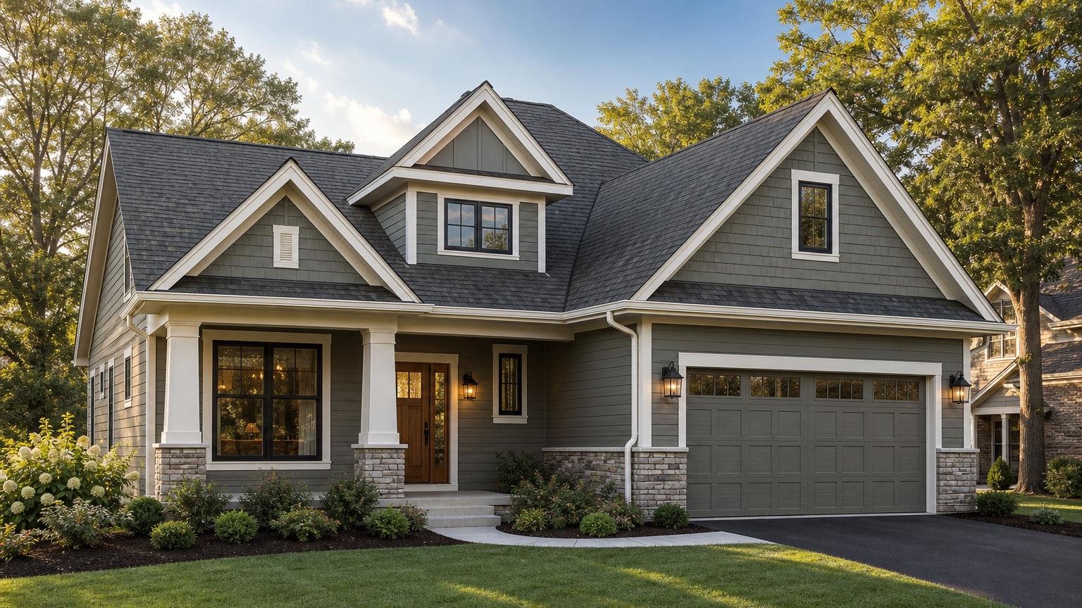AI roof color visualizer showing a realistic roof color update matched with siding and trim