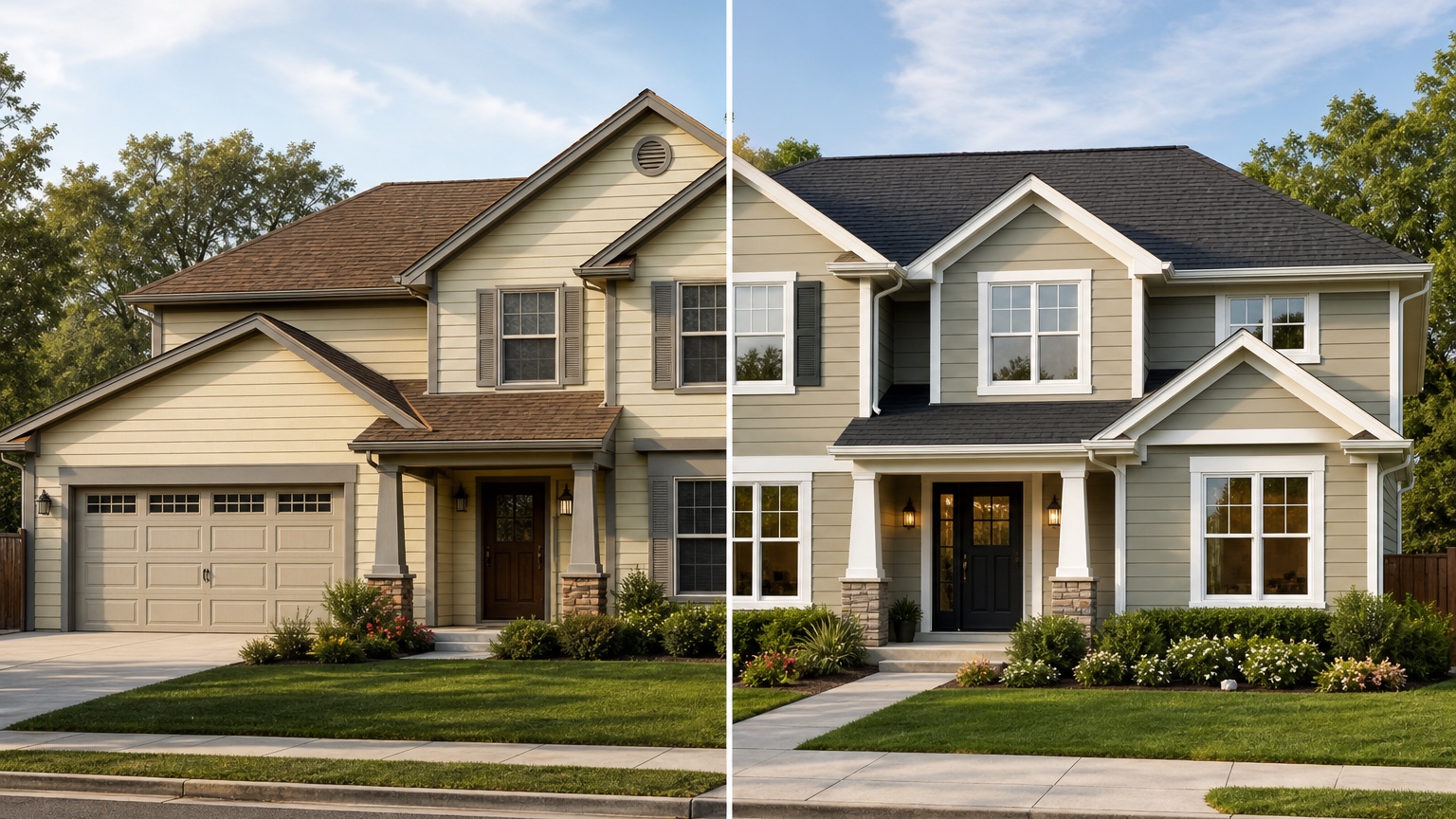 AI roof color visualizer before and after comparing roof color, siding, trim, and curb appeal