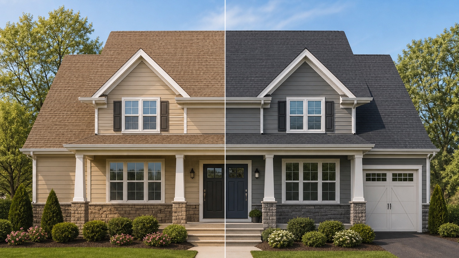 AI roof color visualizer showing controlled roof color variations with siding and trim references