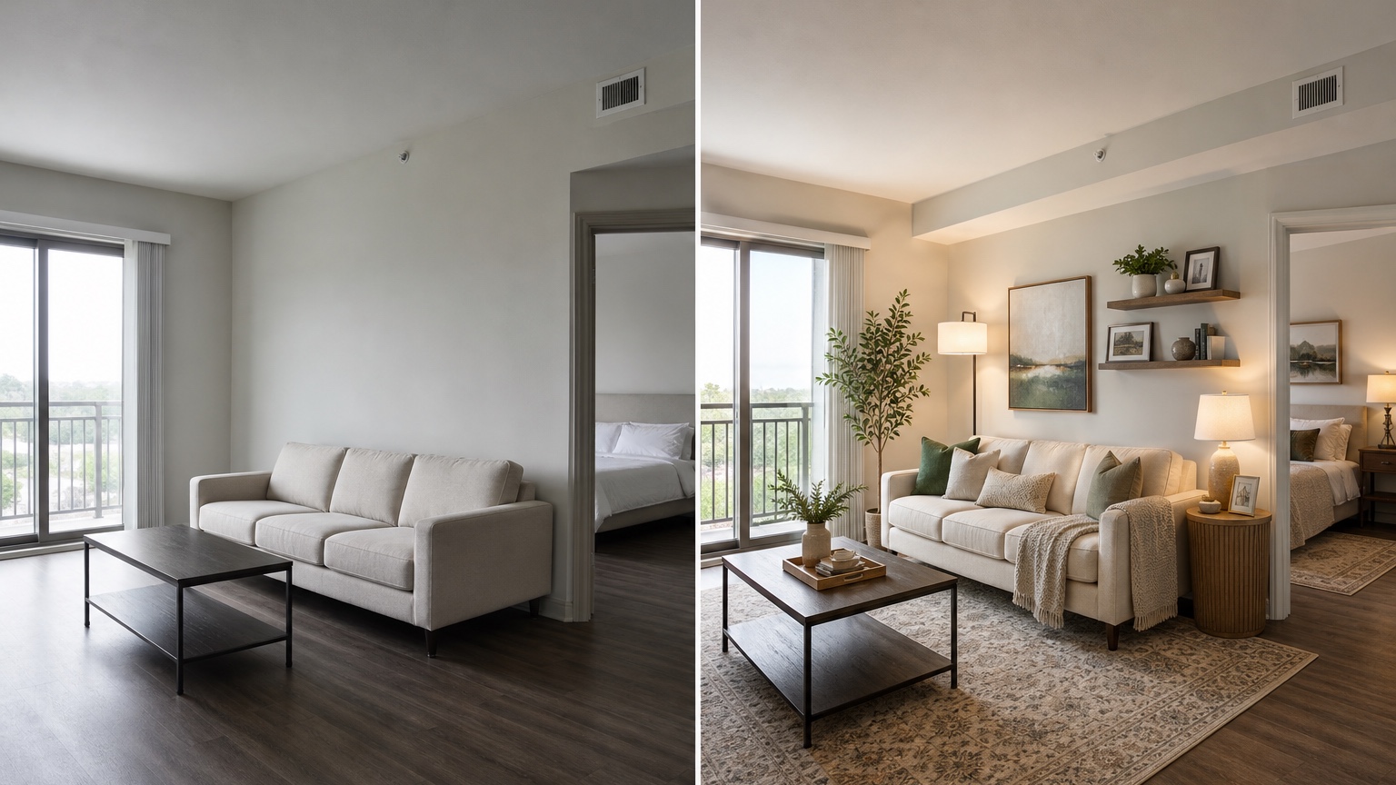 AI room design generator before and after side by side showing an existing room translated into practical decor, layout, lighting, and palette ideas