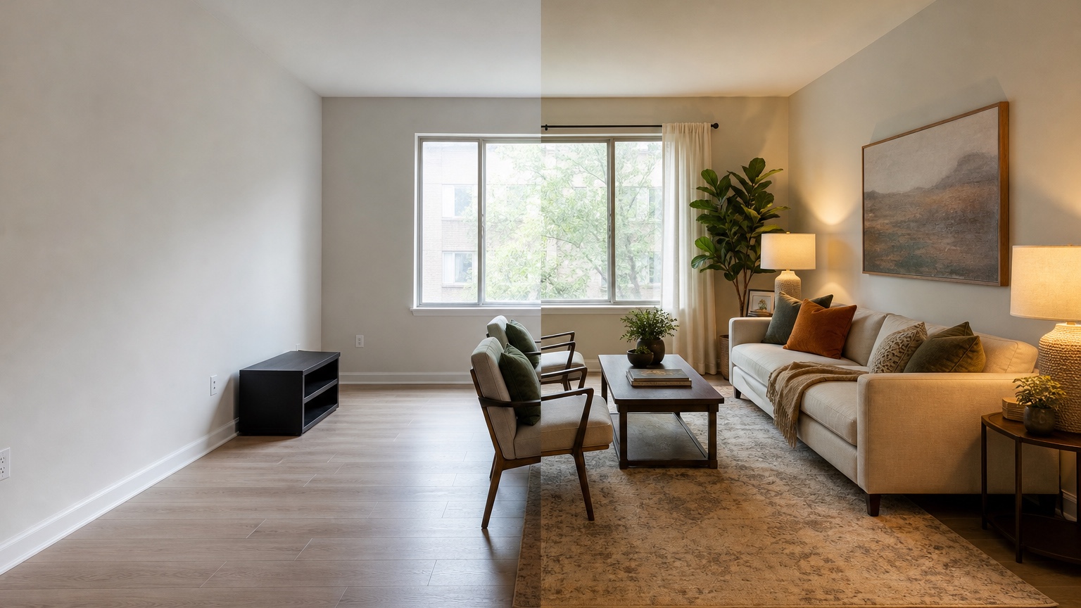 AI room design generator split view showing multiple decor options for the same room photo including rug, lighting, wall art, and storage variations