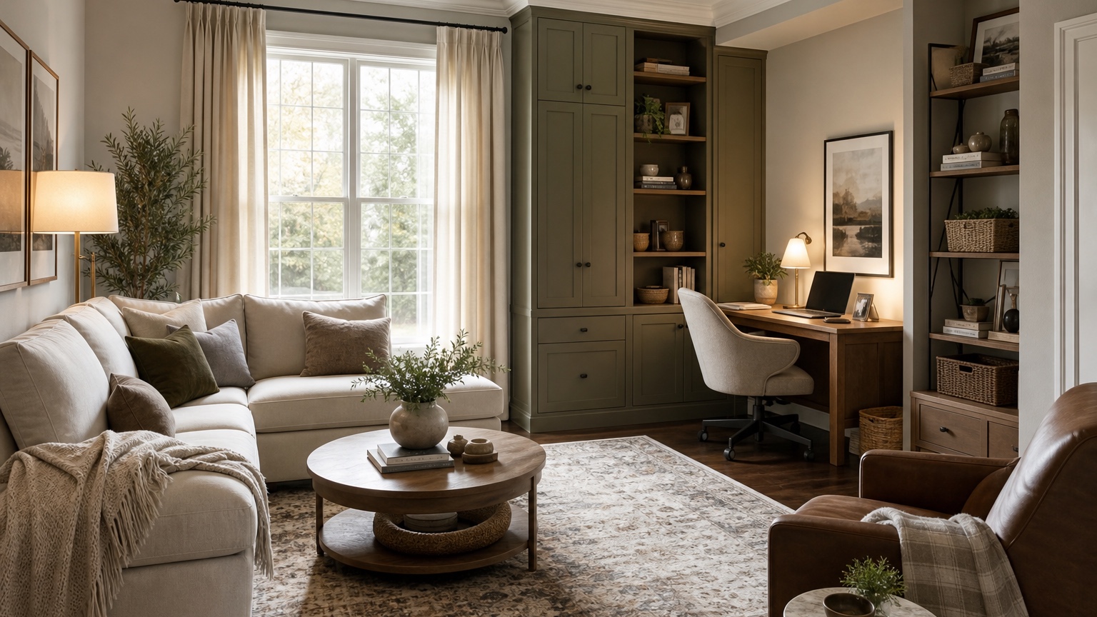 AI room makeover before and after concept showing the same living room transformed with new layout, lighting, rugs, decor, and preserved architecture