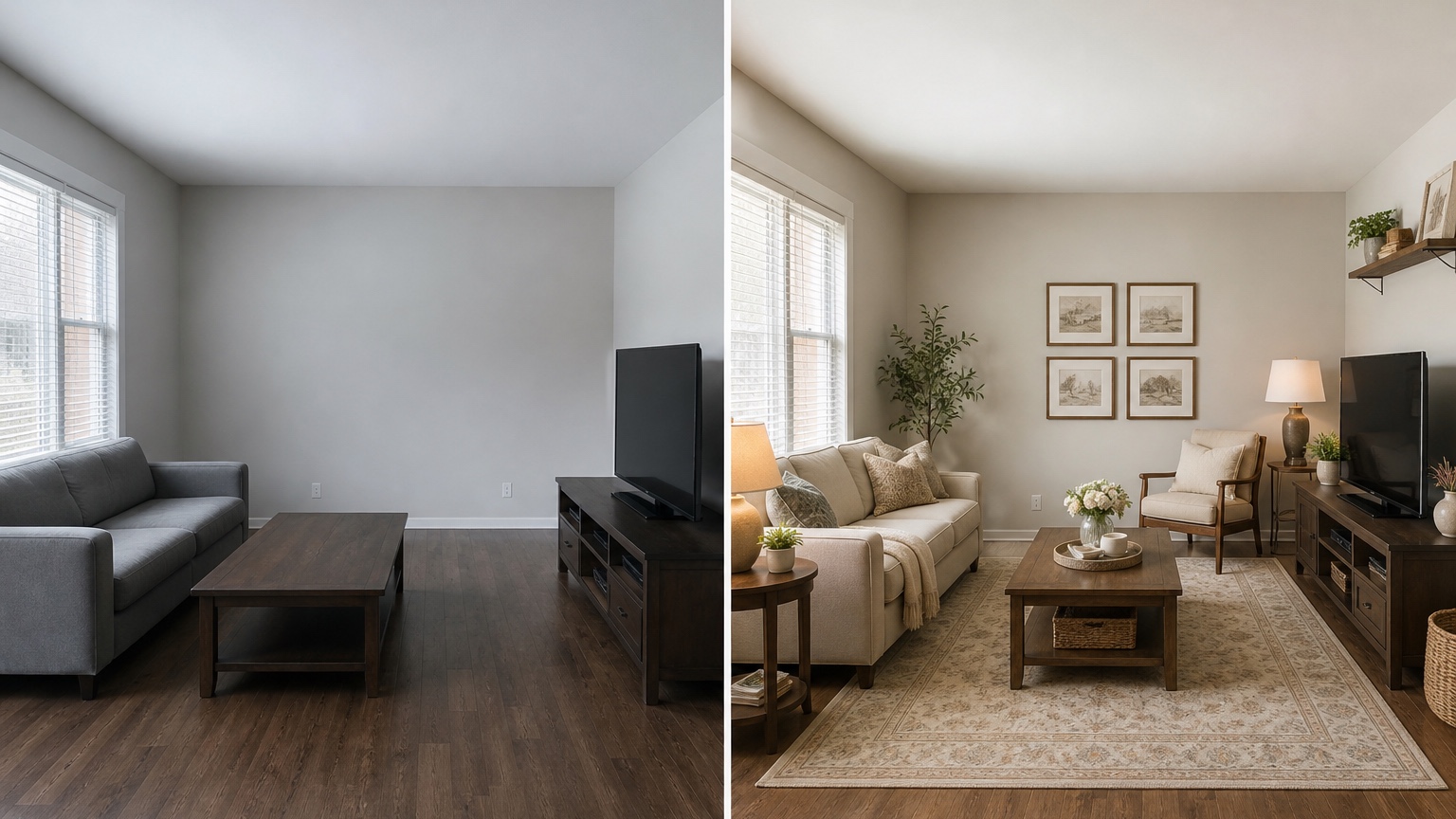 AI room makeover side by side comparison showing budget refresh, mid-range upgrade, and dramatic concept from the same before photo