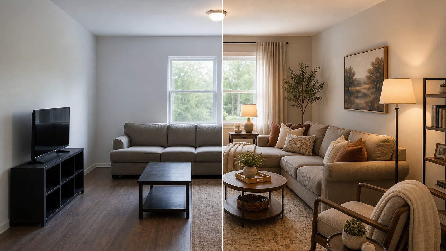 AI room makeover split view showing preserved room identity with updated color palette, lighting, furniture scale, decor, and before after storytelling