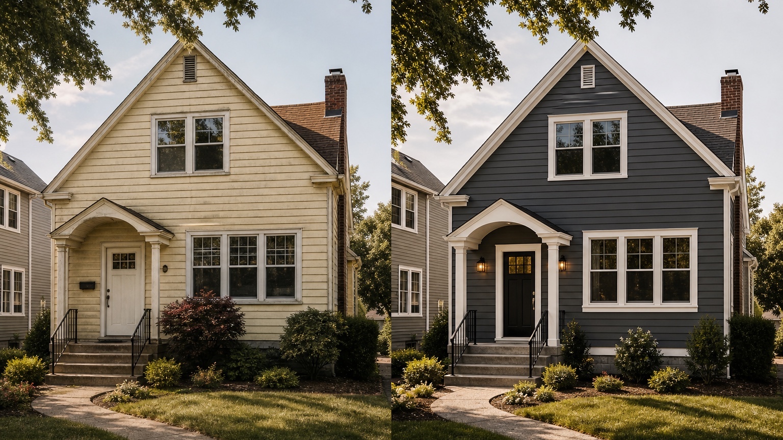 AI siding visualizer before and after showing lap siding, trim, and accent material changes