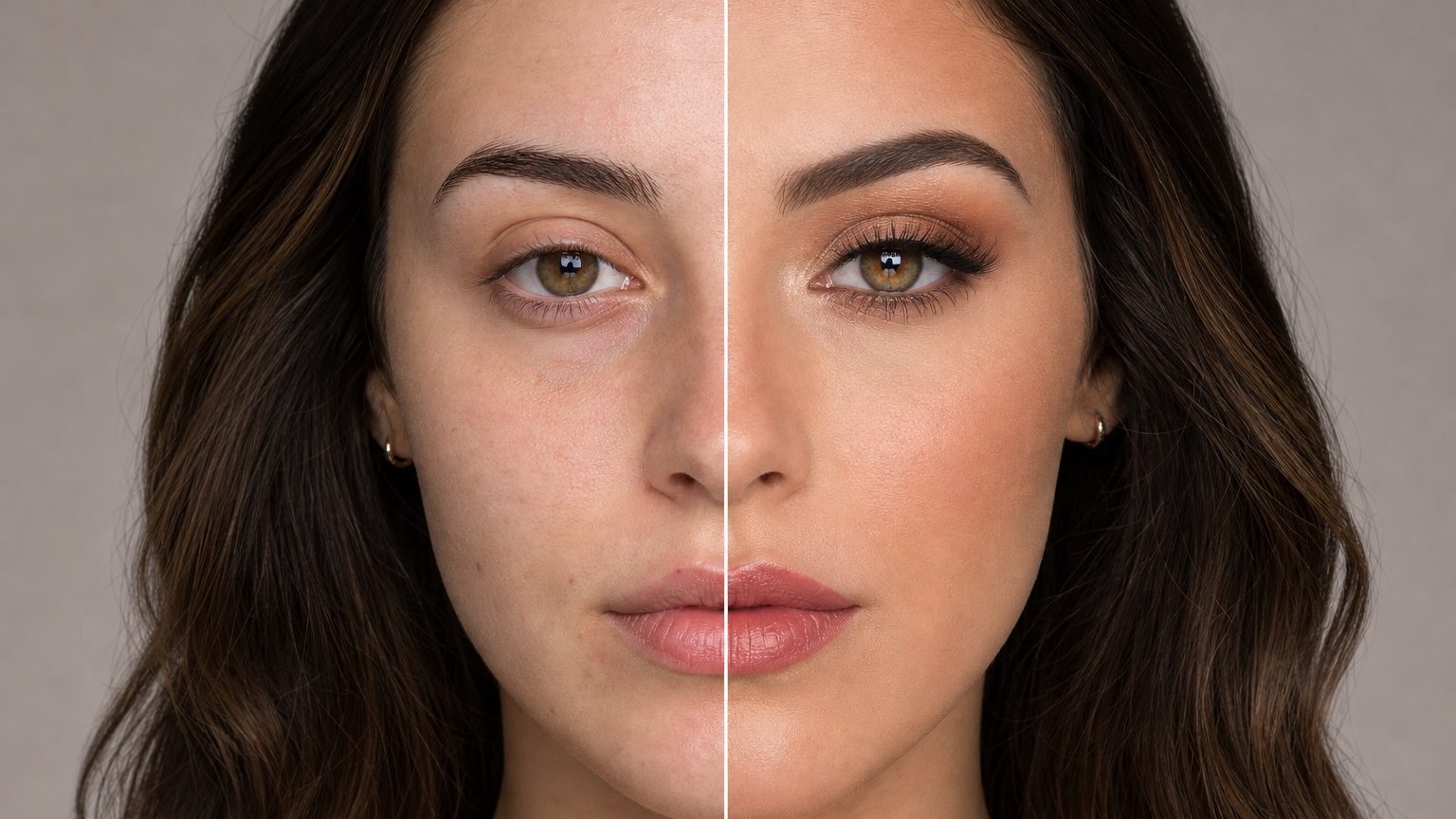 AI Soft Glam Makeup Ideas From Your Face Photo detailed split makeup comparison