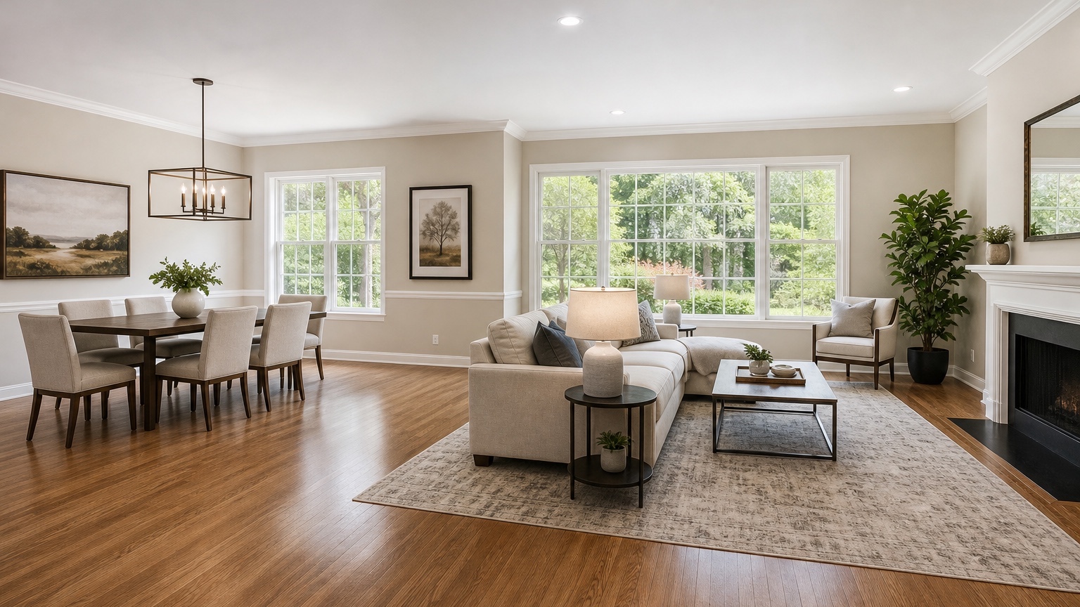 AI virtual staging adding realistic furniture, rugs, lighting, and decor to an empty real estate listing photo while preserving the room shell