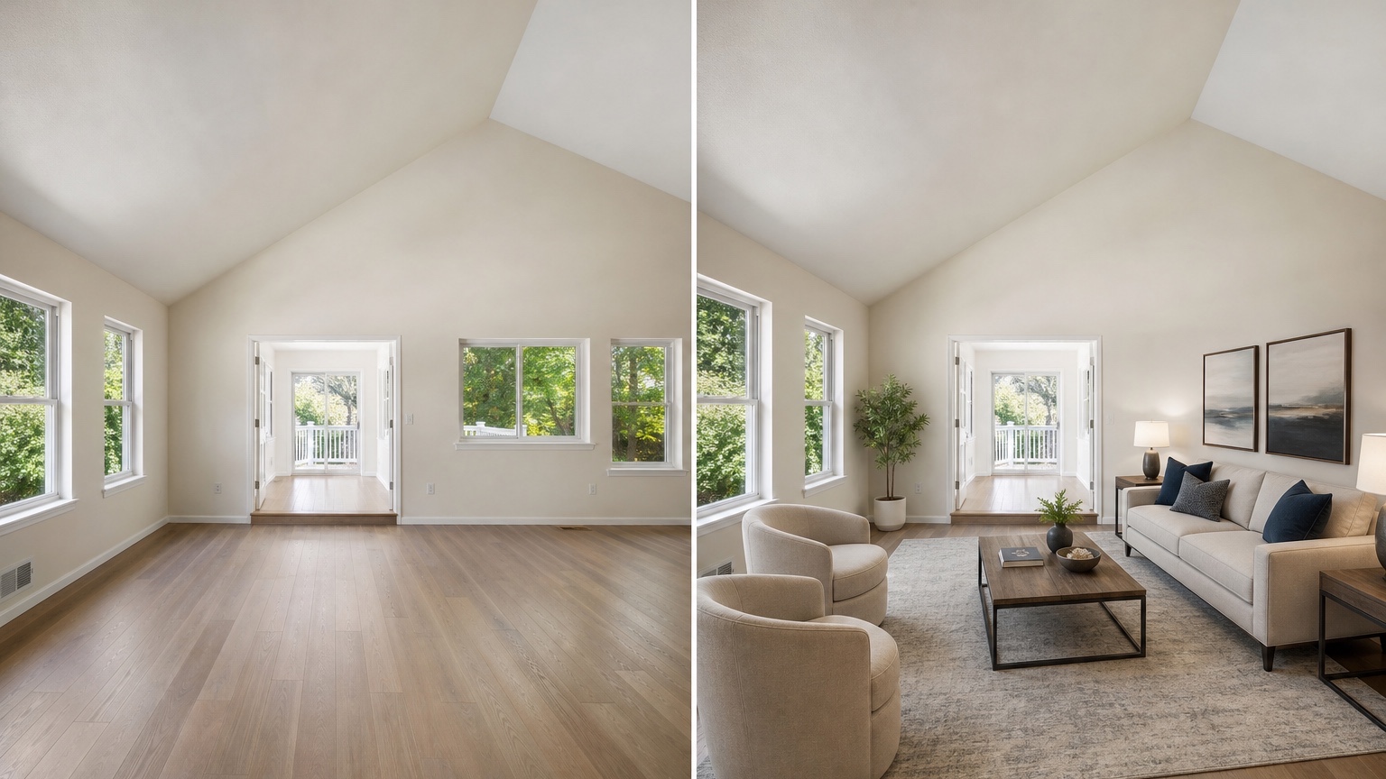 AI virtual staging before and after side by side showing an empty room staged with believable furniture scale and preserved windows, flooring, doors, and ceiling height