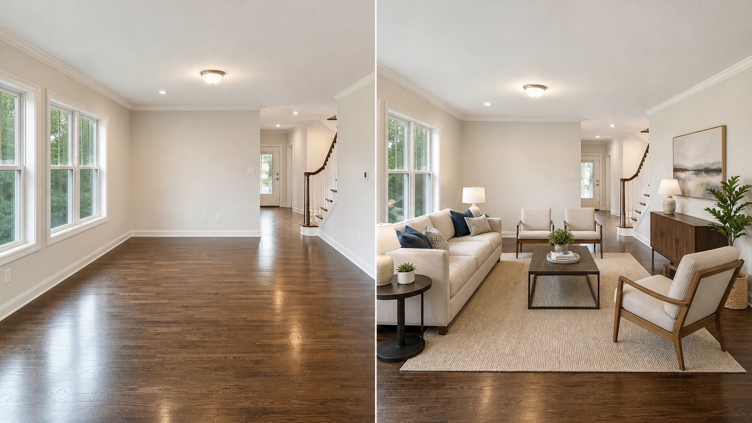 AI virtual staging split view with alternate furniture layouts for a vacant listing room, showing truthful scale, buyer visualization, and realistic decor