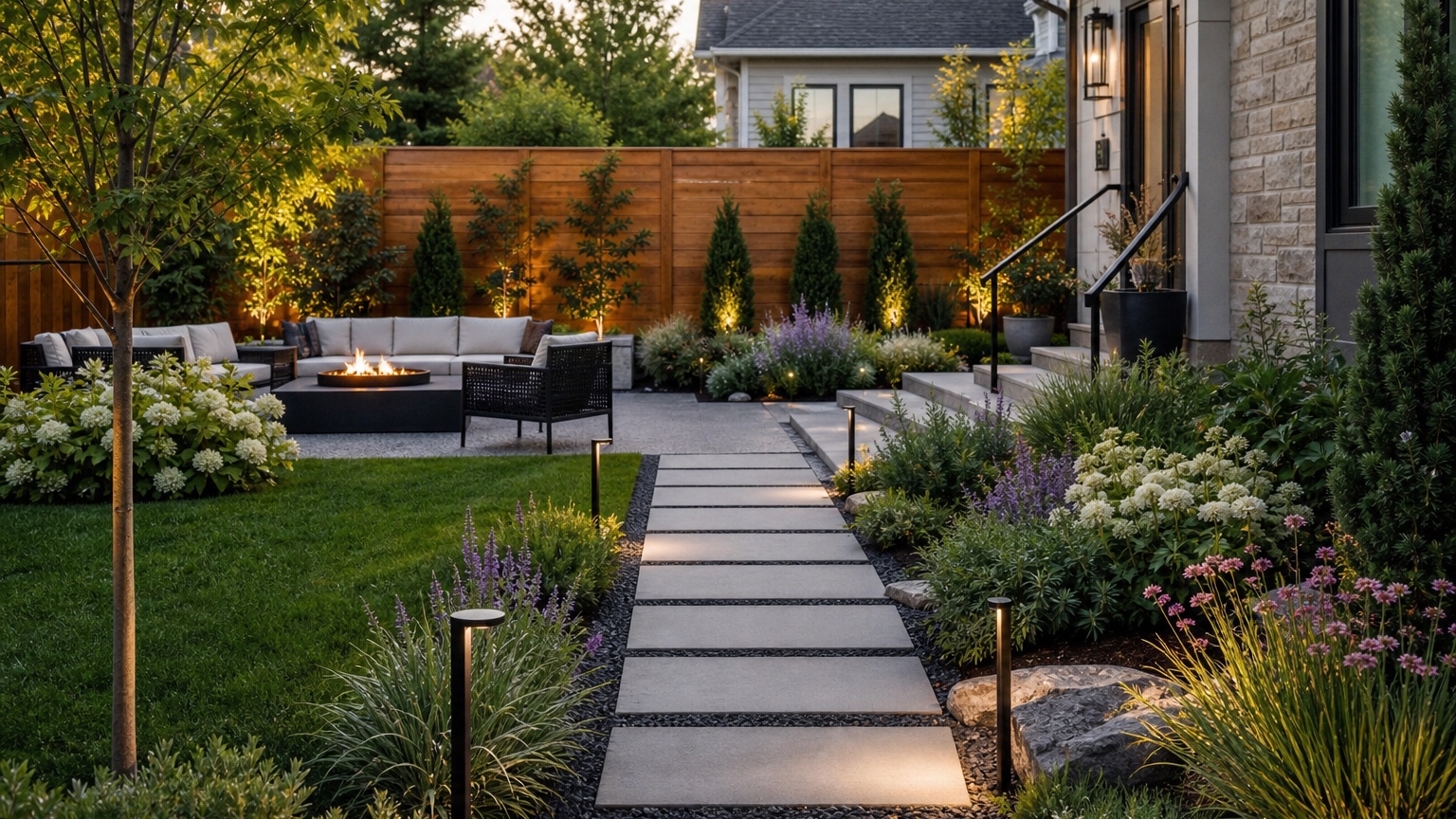 AI walkway design generator showing a finished residential path with pavers, planting edges, lighting, and a clear garden entry