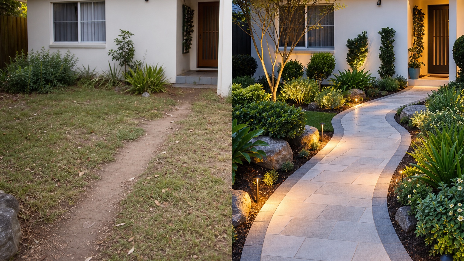 AI walkway design generator before and after side by side comparing a plain yard with a clearer paver path, planting edges, and garden entry structure