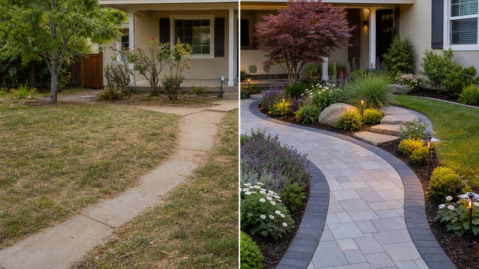 AI walkway design generator split before and after showing the same yard transformed with a practical path, paver detail, and planting edges