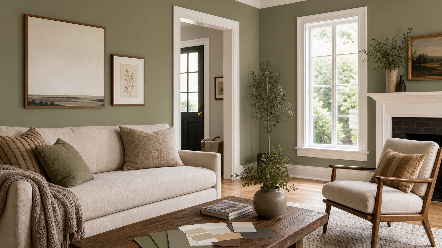 AI wall color visualizer interior showing a living room with several realistic paint color options under natural daylight