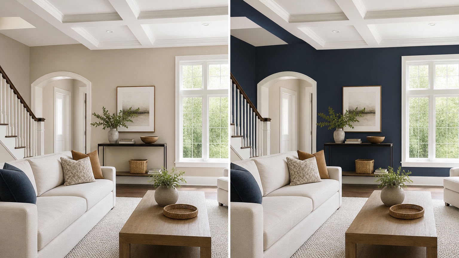 AI wall color visualizer interior before and after showing the same room tested with warm white, greige, sage, and deep accent wall paint