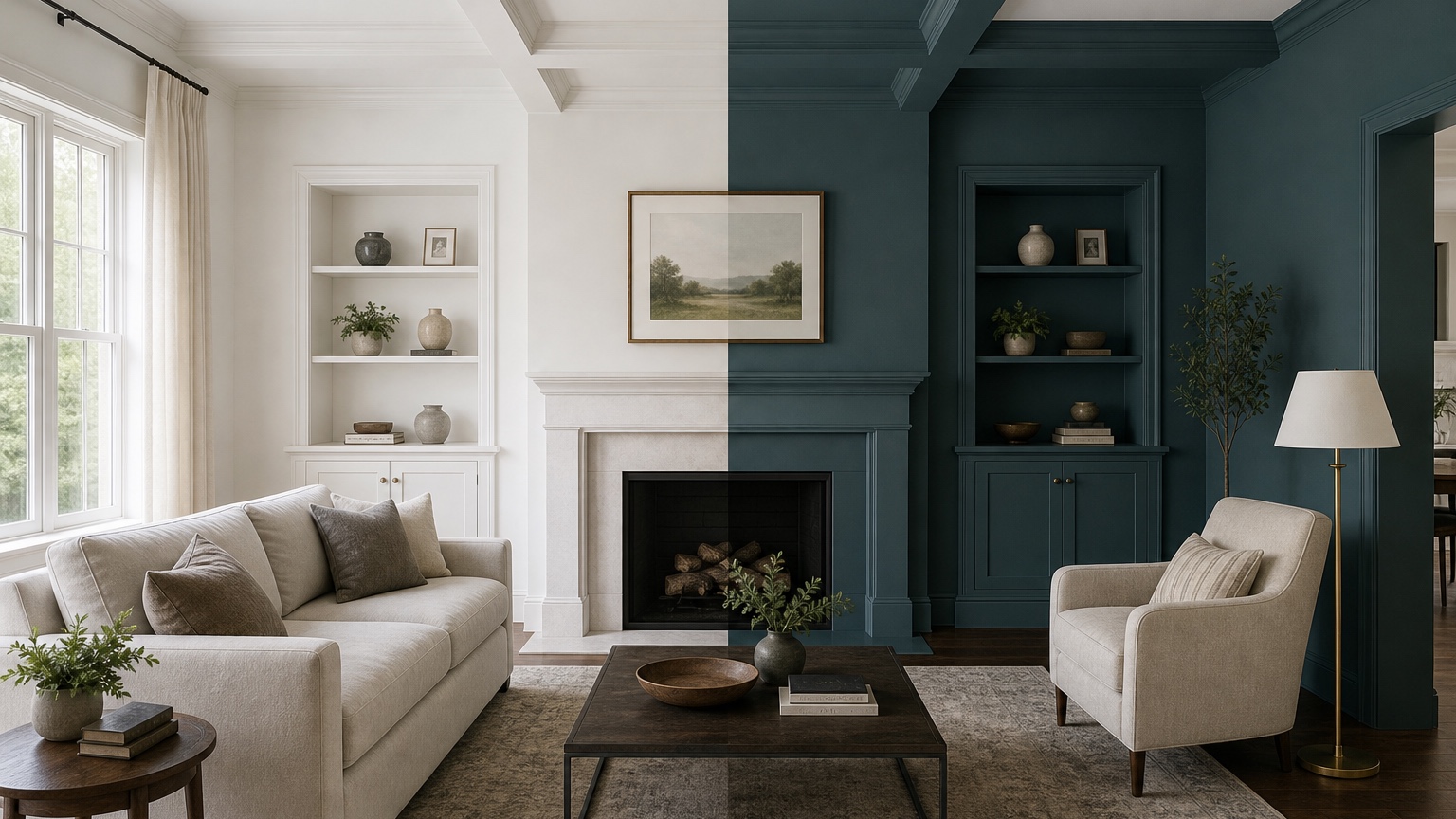 AI wall color visualizer interior split comparison with sample cards, trim notes, ceiling color, and painter handoff checklist