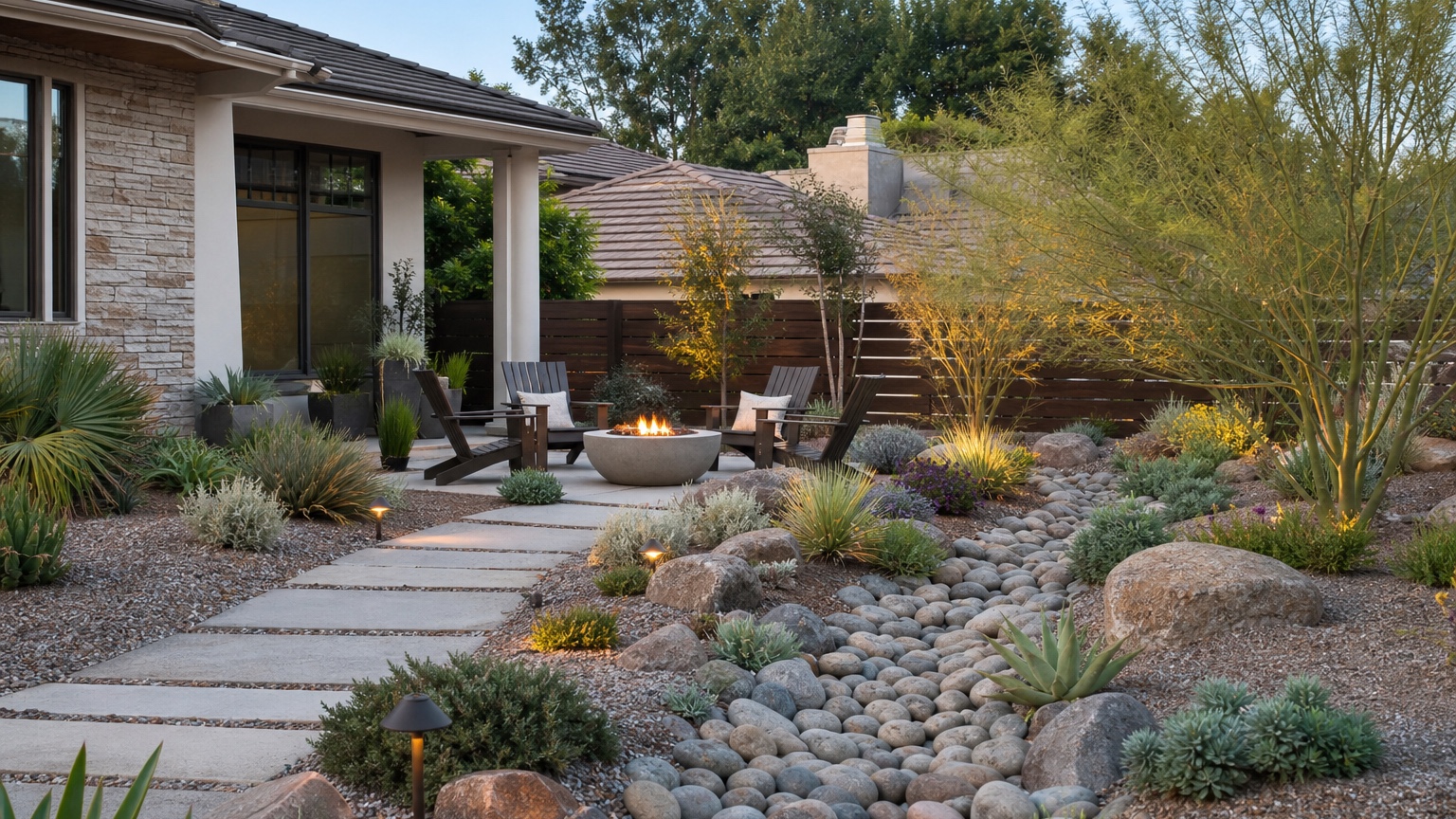 AI xeriscape design showing a finished low-water front yard with gravel, native planting, a clear path, and shaded seating
