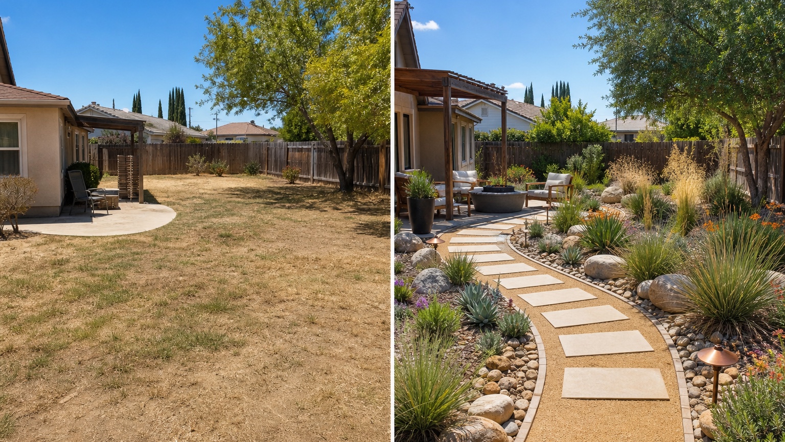 AI xeriscape design before and after side by side comparing a thirsty lawn with gravel paths, low-water planting, and practical shade