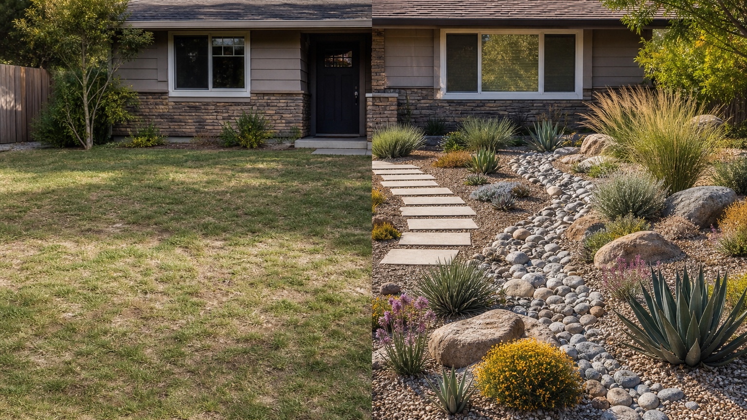 AI xeriscape design split before and after showing the same yard transformed with low-water beds, practical paths, and calmer maintenance