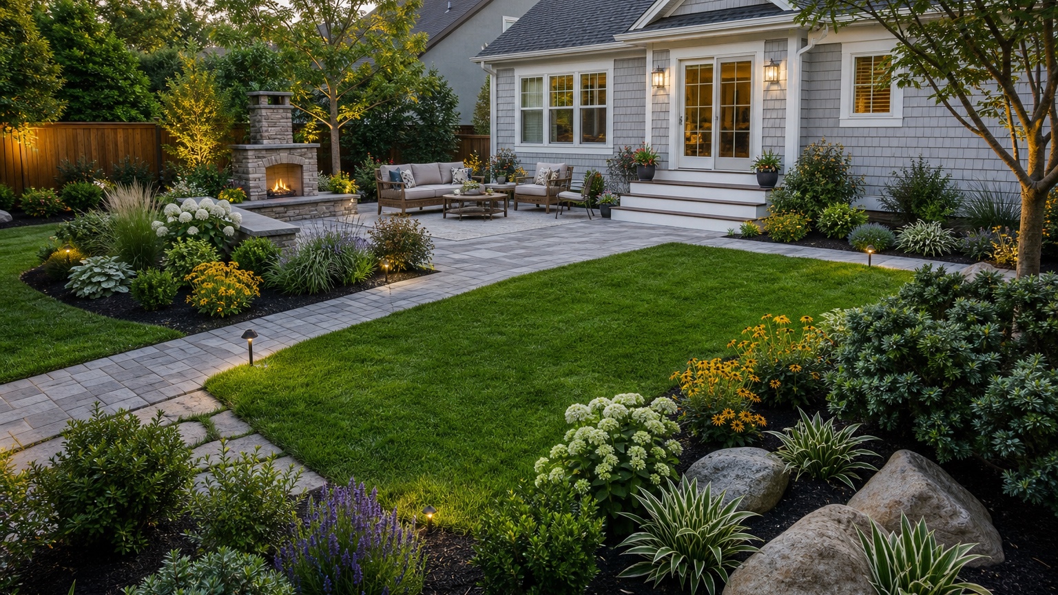 AI yard design app finished concept showing a realistic backyard with clear paths, seating, planting beds, shade, and low-maintenance hardscape