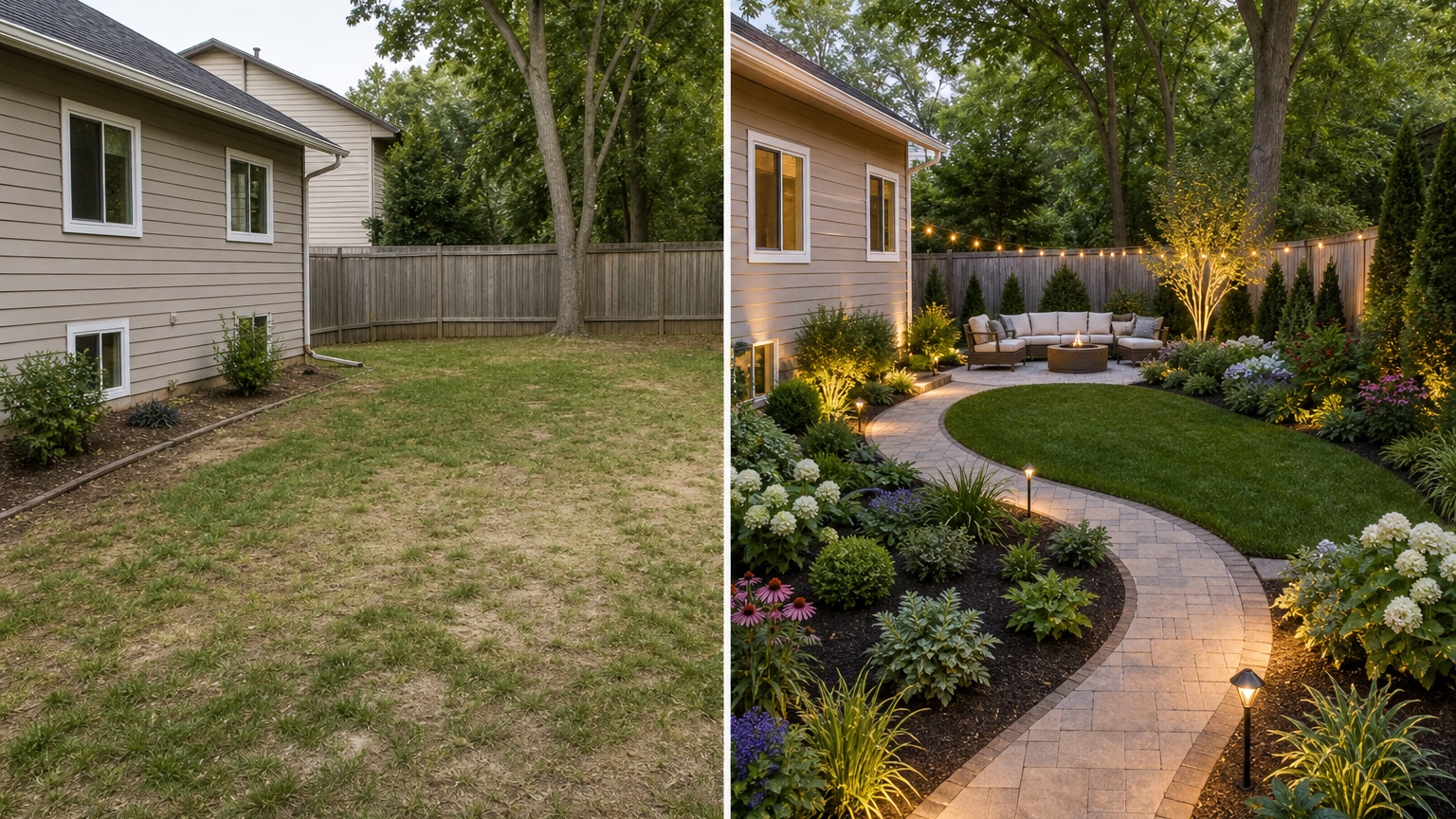 AI yard design app before and after showing the same yard reorganized into paths, seating zones, planting, and hardscape while preserving the house and fence