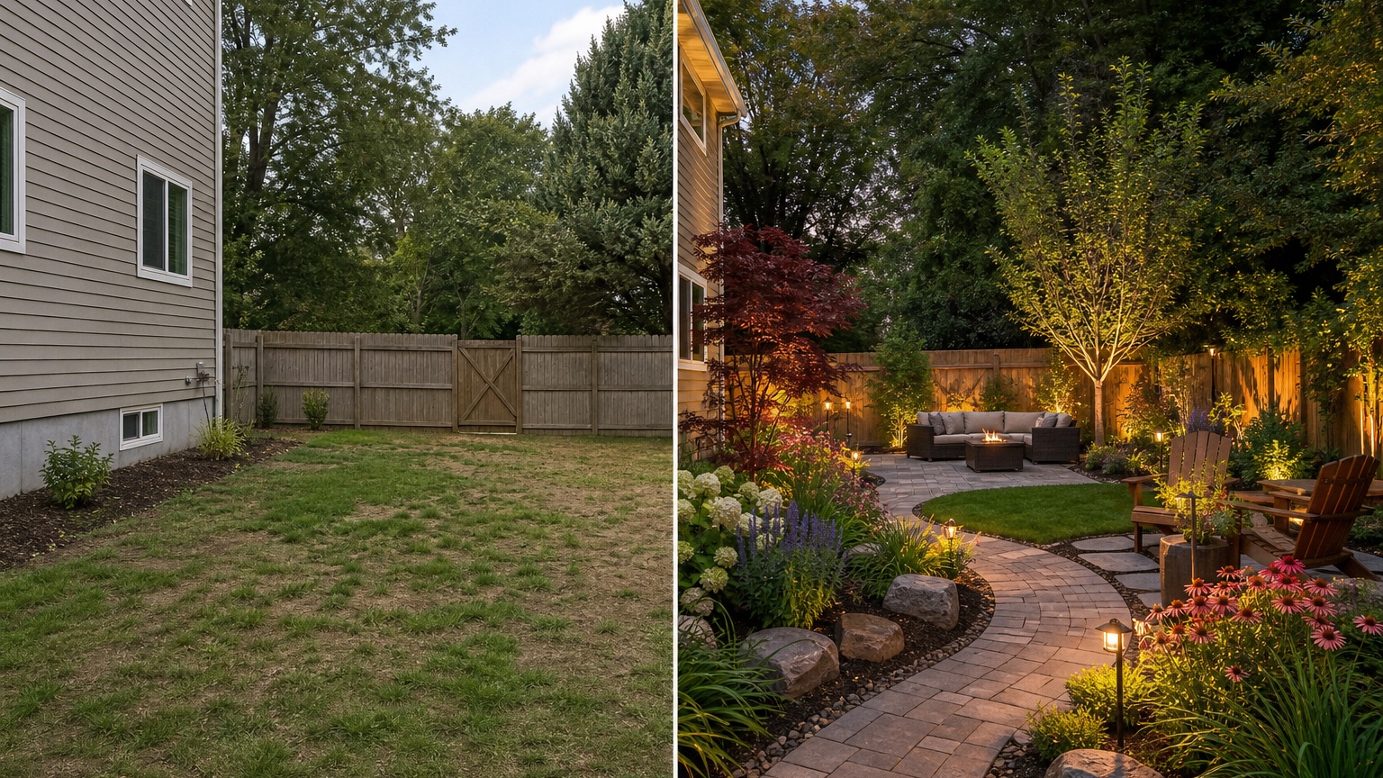 AI yard design app split concept showing a patio edge, path, planting bed, privacy screen, and seating zone before and after